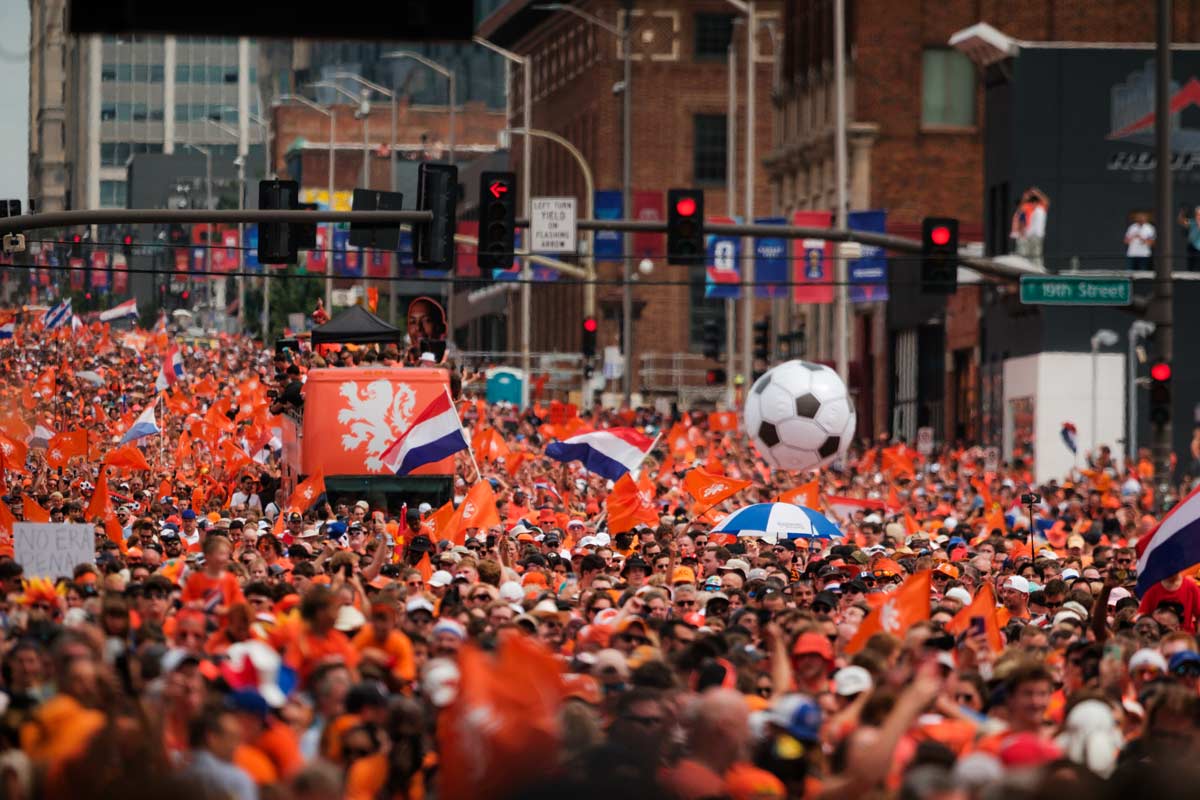 Netherlands fans walking through downtown Kansas City