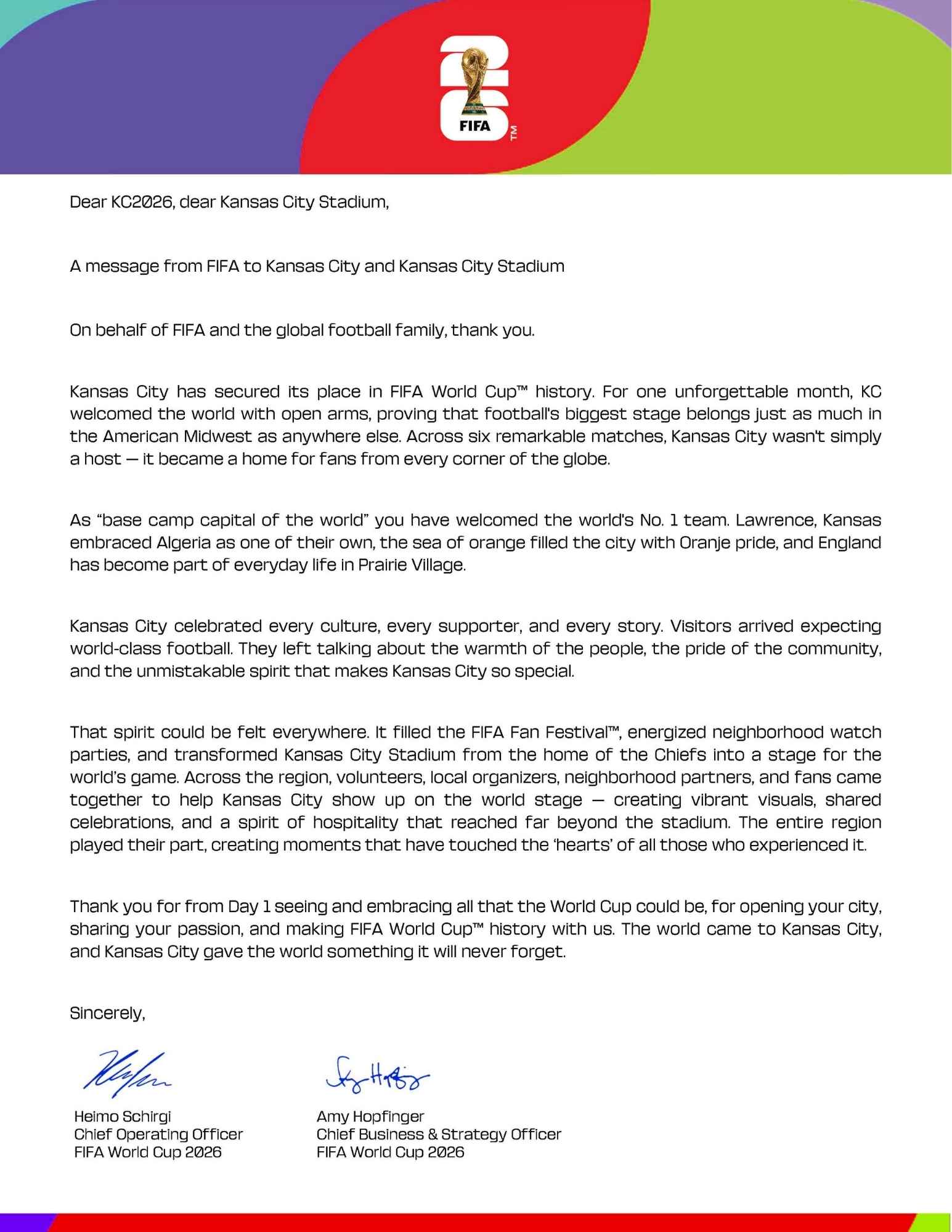 FIFA World Cup™ Thank You Letter to Kansas City